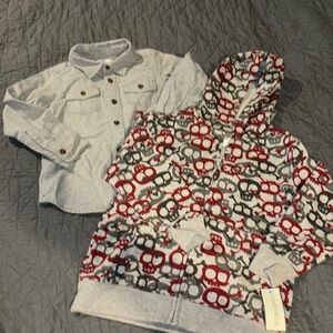 2 NWT New old navy gray button down 5t shirt & skull hoodie zip up toughskins 5